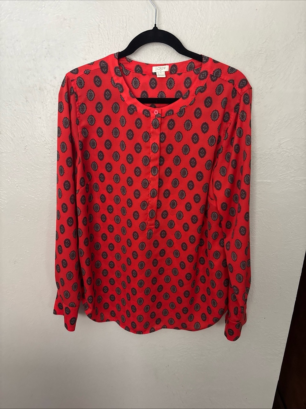 J. Crew Coral Red and Black Printed Long-Sleeve Blouse